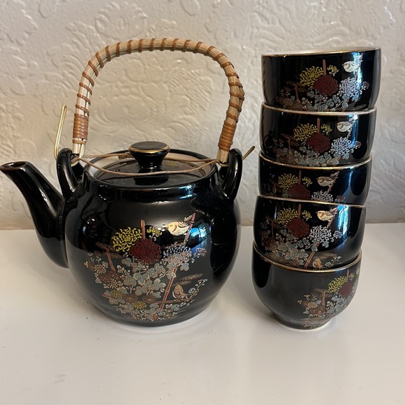 Vintage Japan Tea set black gilded floral bird teapot set with 5 gold trim cups - Picture 14 of 14